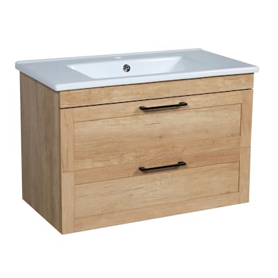 Modern Wall-Mounted Bathroom Vanity with Washbasin Palm Beach Teak Natural Non-Toxic MDF-26"-Simple 32"