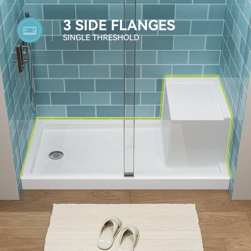 HOROW 60 x 32 Inch Alcove Shower Pan Base in White with Built In Seat - Left Drain Location