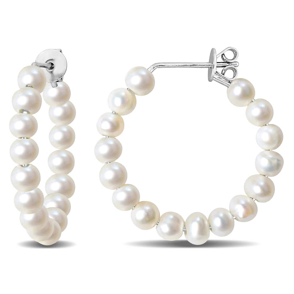 Miadora Cultured Freshwater Pearl Hoop Earrings Sterling Silver