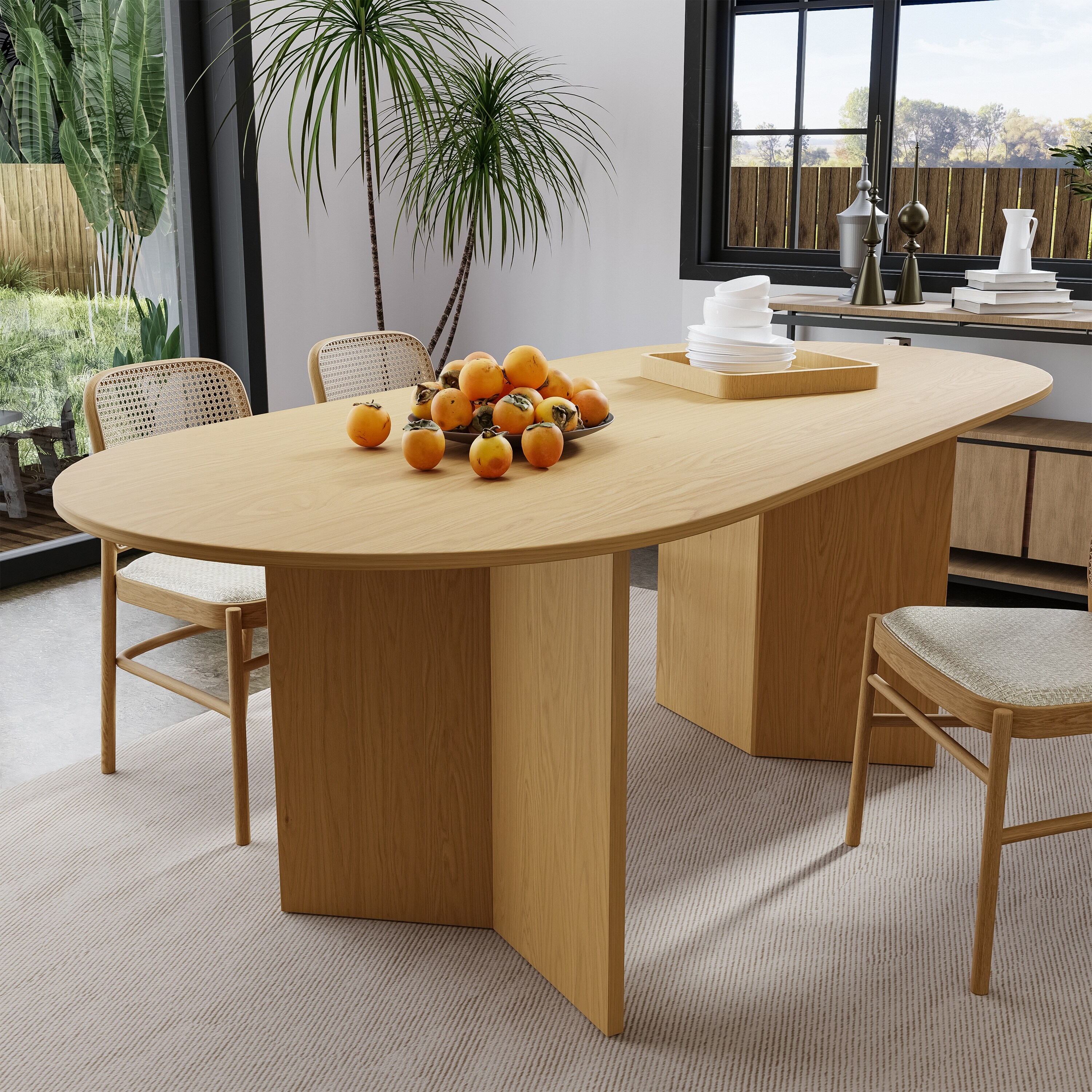 Solid Wood Farmhouse Dining Table with V-Shaped Legs and Oval Wood