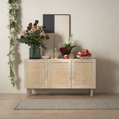 Sideboard Buffet Cabinet with 3-Rattan Doors, Adjustable Shelves, Boho Kitchen Storage Cabinet for Living Room, Natural Mixed