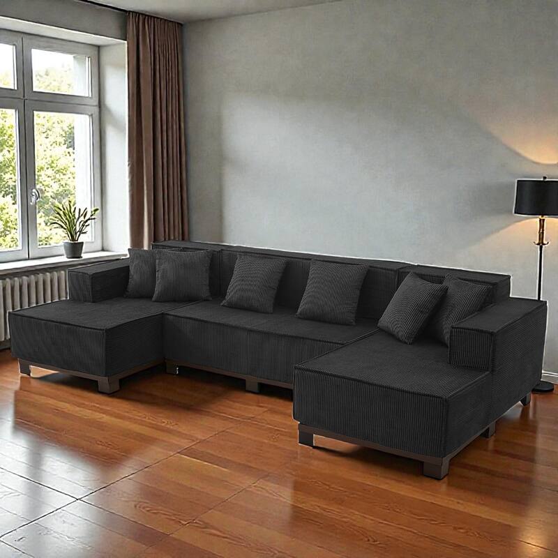 Modern 130" U-Shaped Sectional Sofa with RGB LED Lights, Corduroy Upholstery, 6 Pillows, Deep Seating Couch - Black