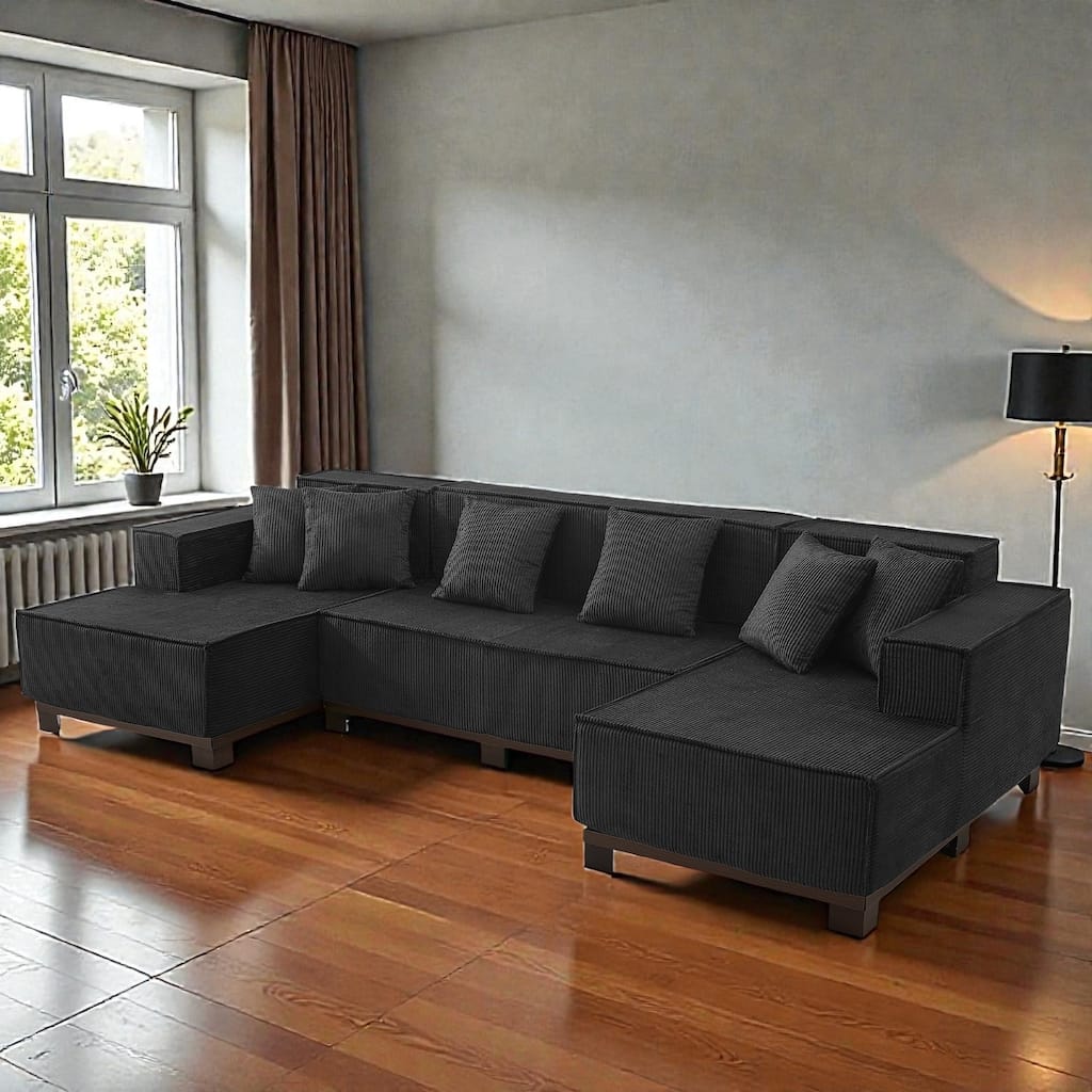 Modern 130" U-Shaped Sectional Sofa with RGB LED Lights, Corduroy Upholstery, 6 Pillows, Deep Seating Couch