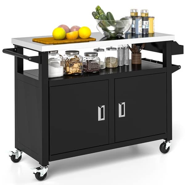XL Outdoor Bar Table With Stainless Steel Top, Outdoor Grill Cart For Patio, Kitchen Prep, Grilling Accessories, Black