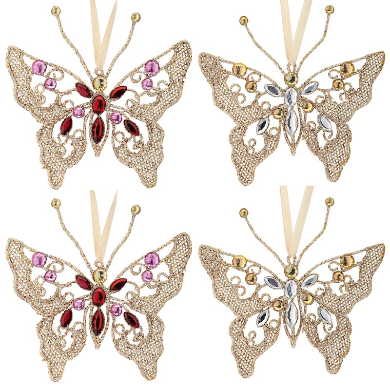 5" Metal and Jewel Butterfly Ornament Set of 4