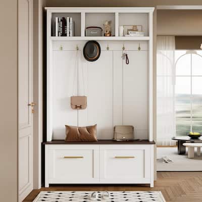 Versatile 4-in-1 Hall Tree with 6 Golden Hooks and Wood Grain Bench