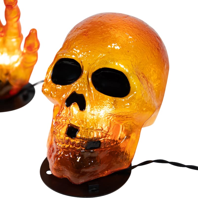 LED Lighted Skull and Hands Outdoor Halloween Decoration - 4' Black Wire - Orange
