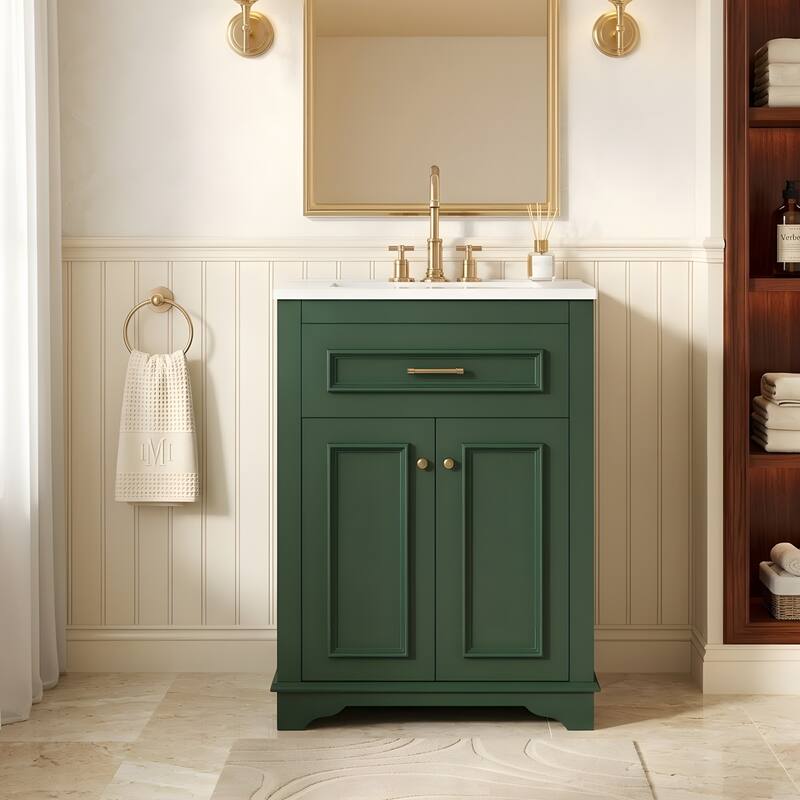 24" Bathroom Vanity with Integrated Ceramic Sink, Bathroom Cabinet with 2 Doors - Green