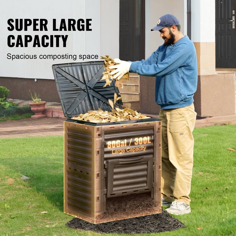 Garden Compost Bin 80 Gal, BPA Free Composter, Large Capacity Outdoor Composting Bin with Top Lid and Bottom Door - 80 Gal