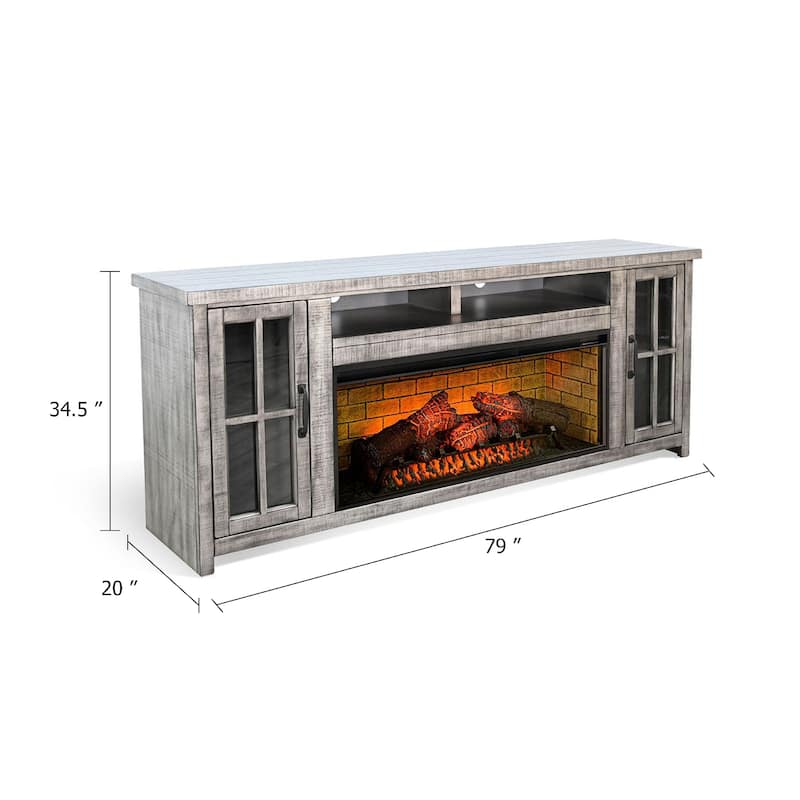 Gery TV Media Console w Log Fireplace, 76 Inch, 2 Cabinets, Gray