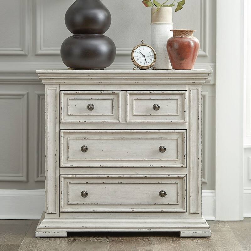 Big Valley Whitestone Distressed Bedside Chest with Charging Station - 3-drawer