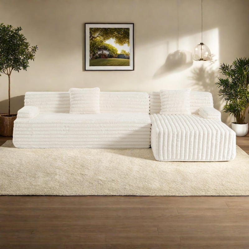 110" Faux Fur Cloud 3-Seater sat L-Shaped Sectional Sofa with Two Included Throw Pillows - Beige