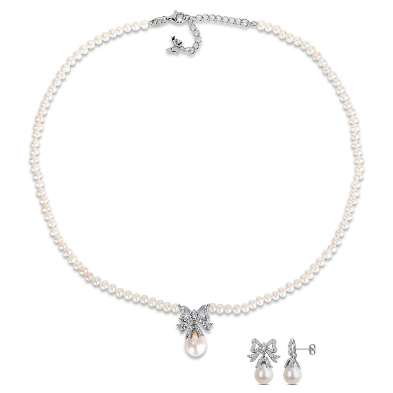 Miadora Sterling Silver Gemstone or Cultured Freshwater Pearl Bow Necklace and Earrings Set