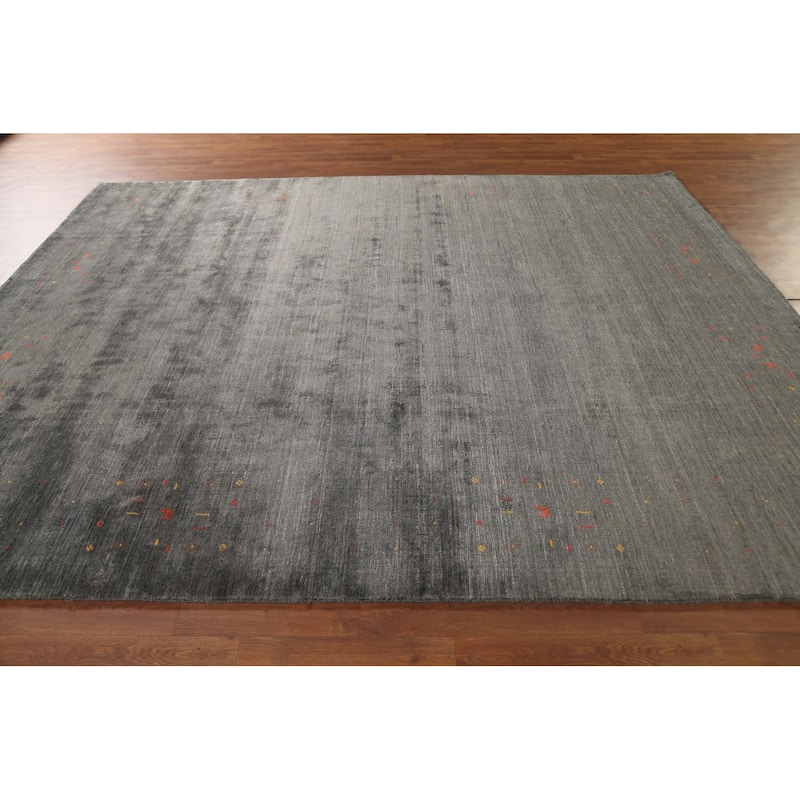 Dark Gray & Green Gabbeh Oriental Area Rug Hand-Knotted Wool Carpet - 7'11" x 9'10"