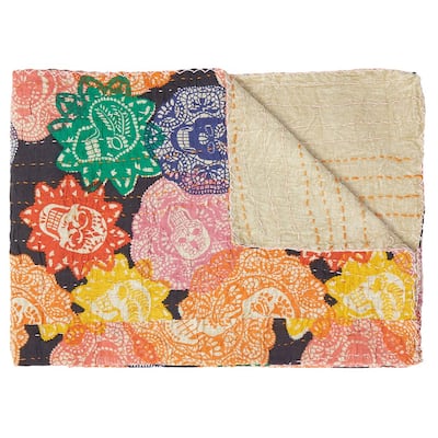 HomeRoots 50" X 70" Black Green Red and Pink Kantha Cotton Patchwork Throw Blanket with Embroidery