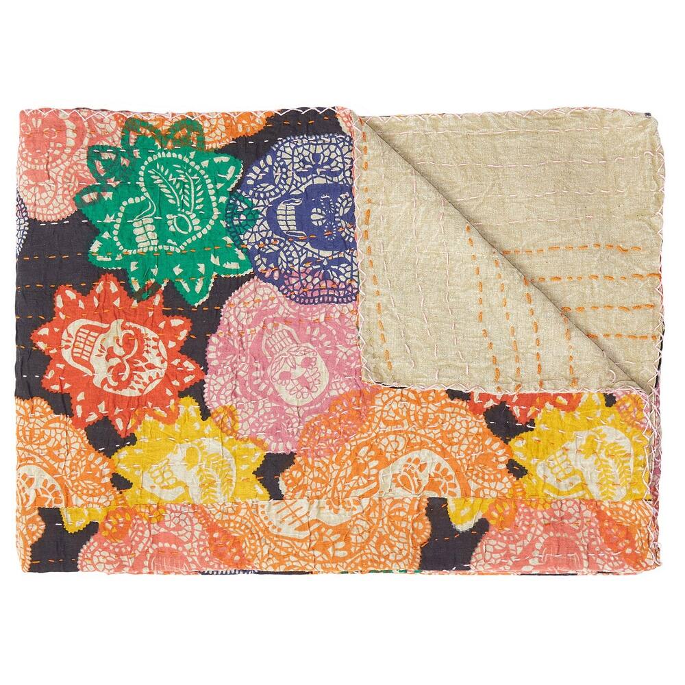 HomeRoots 50" X 70" Black Green Red and Pink Kantha Cotton Patchwork Throw Blanket with Embroidery