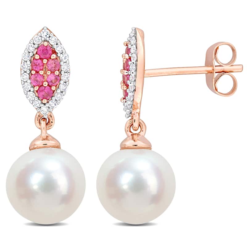 Miadora 1/7ct TDW Diamond And 1/5ct TGW Pink Sapphire & Freshwater Cultured Pearl Fashion Post Earrings in 14K Rose Gold