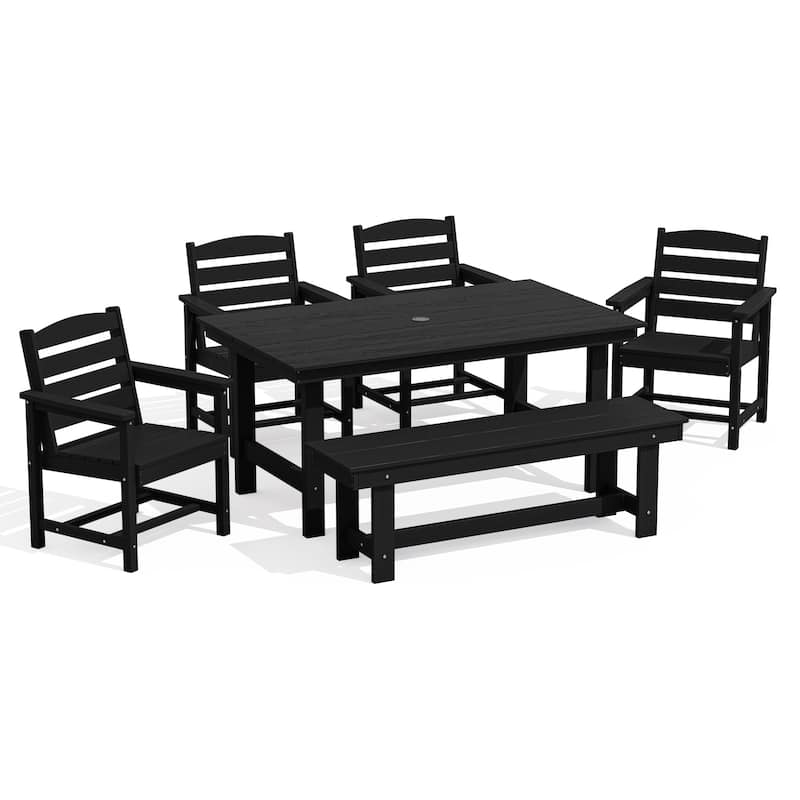 6-Piece HDPE Outdoor Dining Table Sets with Umbrella Hole - 1-Table 4-Chairs-1-Bench