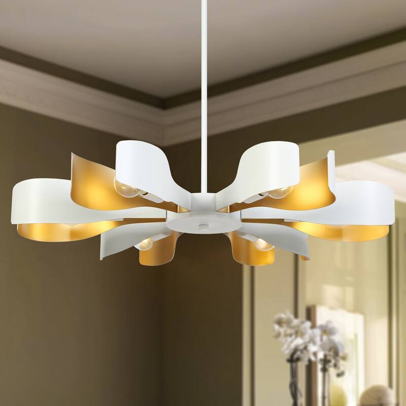 Modern White Gold 6-Light Chandelier with Flower-Design Shade for Kitchen Dining Room - 31.4 " × 3.7 "