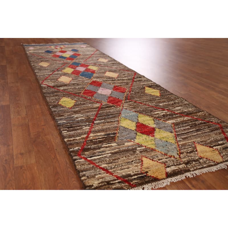 Brown Geometric Moroccan Oriental Runner Rug Handmade Wool Carpet - 2'11" x 9'8" - 2'11" x 9'8" - Brown