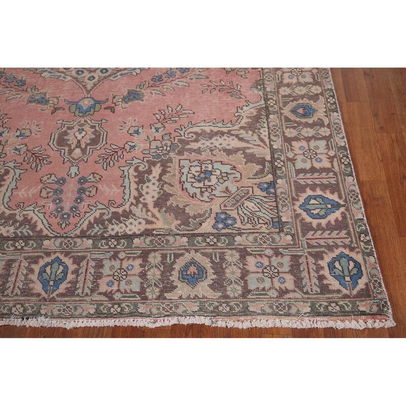 Pink Tabriz Vintage Persian Area Rug Hand-Knotted Wool Carpet - 6'8" x 9'9"