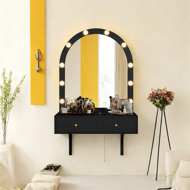 Floating Makeup Vanity Desk with 3-Color Lights,Wall Dressing Table