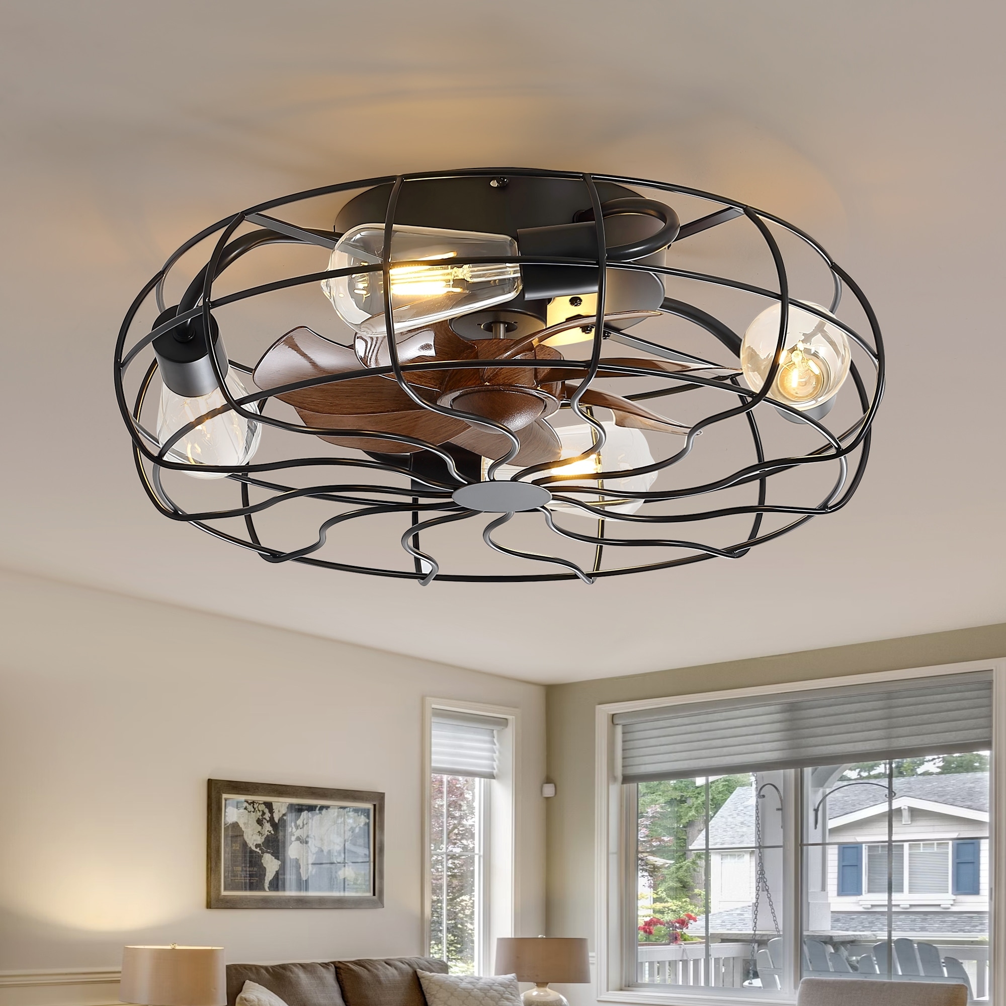 18.5 Inch Farmhouse Caged Ceiling Fan with Lights and Remote, Industrial Flush Mount Ceiling Fan,6-Speed Reversible DC Motor
