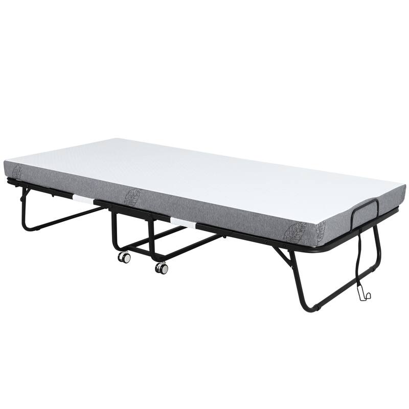 HOMCOM Folding Bed with 4 Inch Mattress, Portable Foldable Guest Bed with Sturdy Metal Frame on Wheels