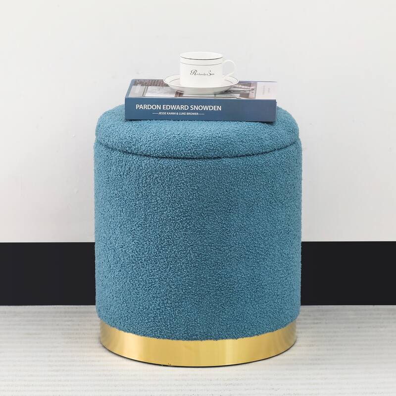 Adeco Velvet Round Storage Stool Gold Plating Base Storage Ottoman