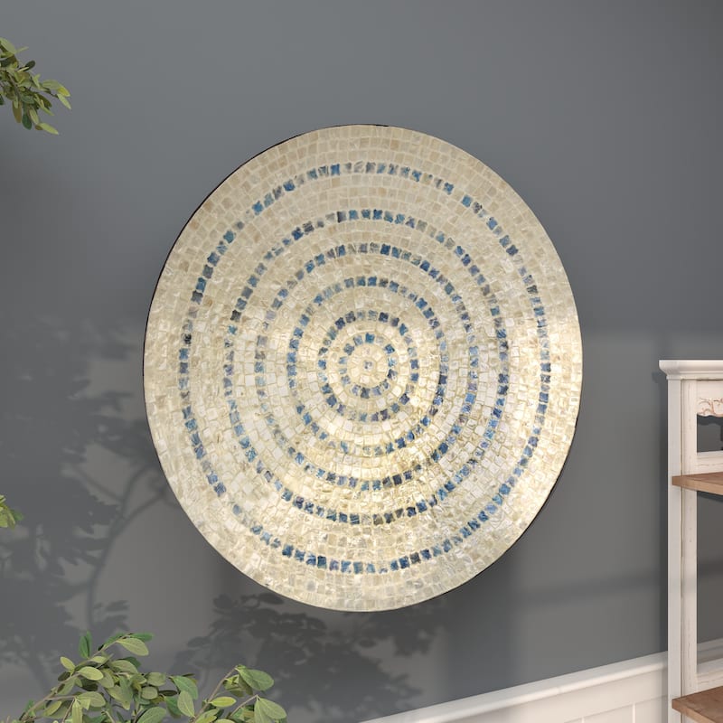 Beige Mother of Pearl Shell Handmade Mosaic Plate Home Wall Decor with Blue Accents