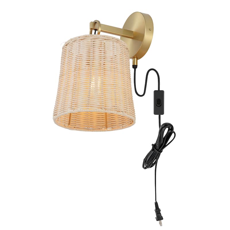 SAFAVIEH Lighting Ciaran Wall Sconce (Set of 2) - Brass/Natural Rattan - 8"W x 10"D x 13"H