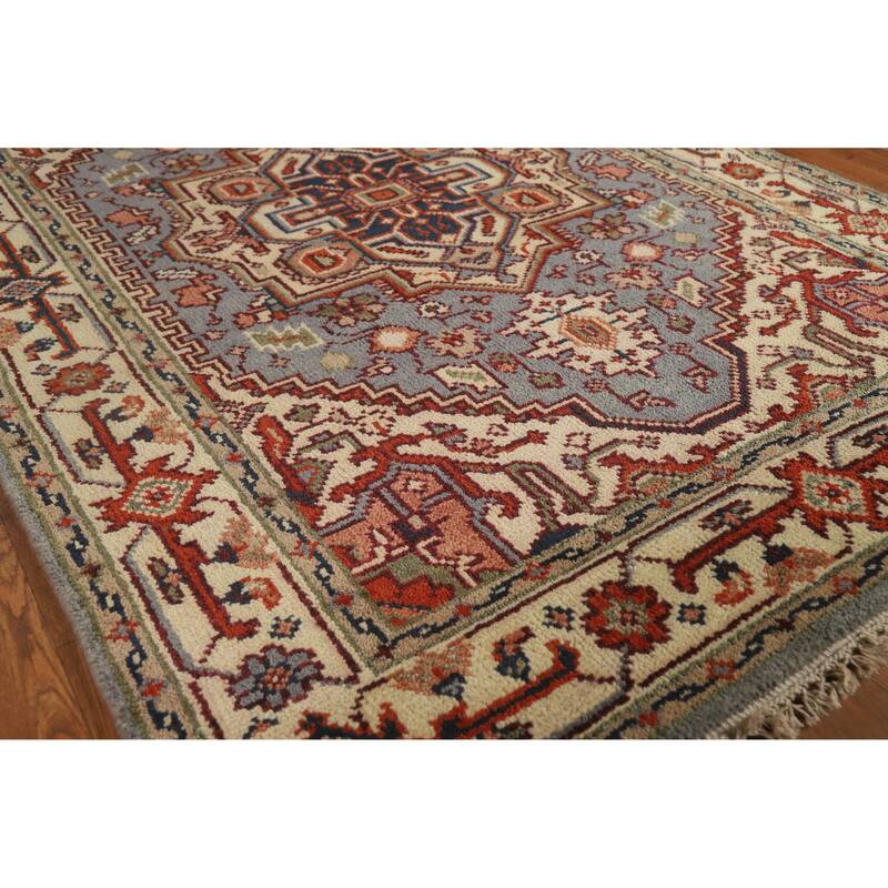 Hand Knotted Oriental 100% Wool Carpet Traditional Medallion Navy Blue & Blues Heriz (serapi) Area Rug - 6' 0'' X 4' 1''