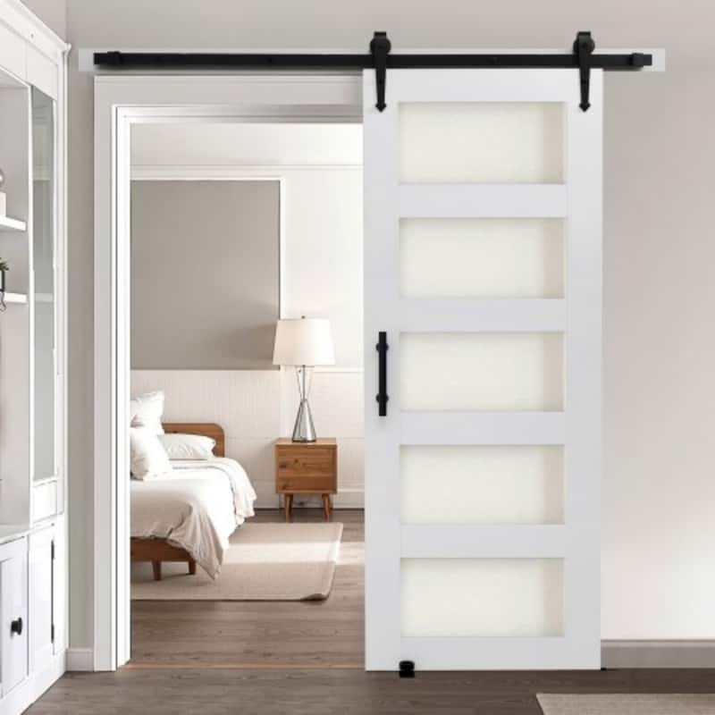 White MDF Sliding Barn Door with Frosted Glass for Bathroom and Kitchen - 30x84