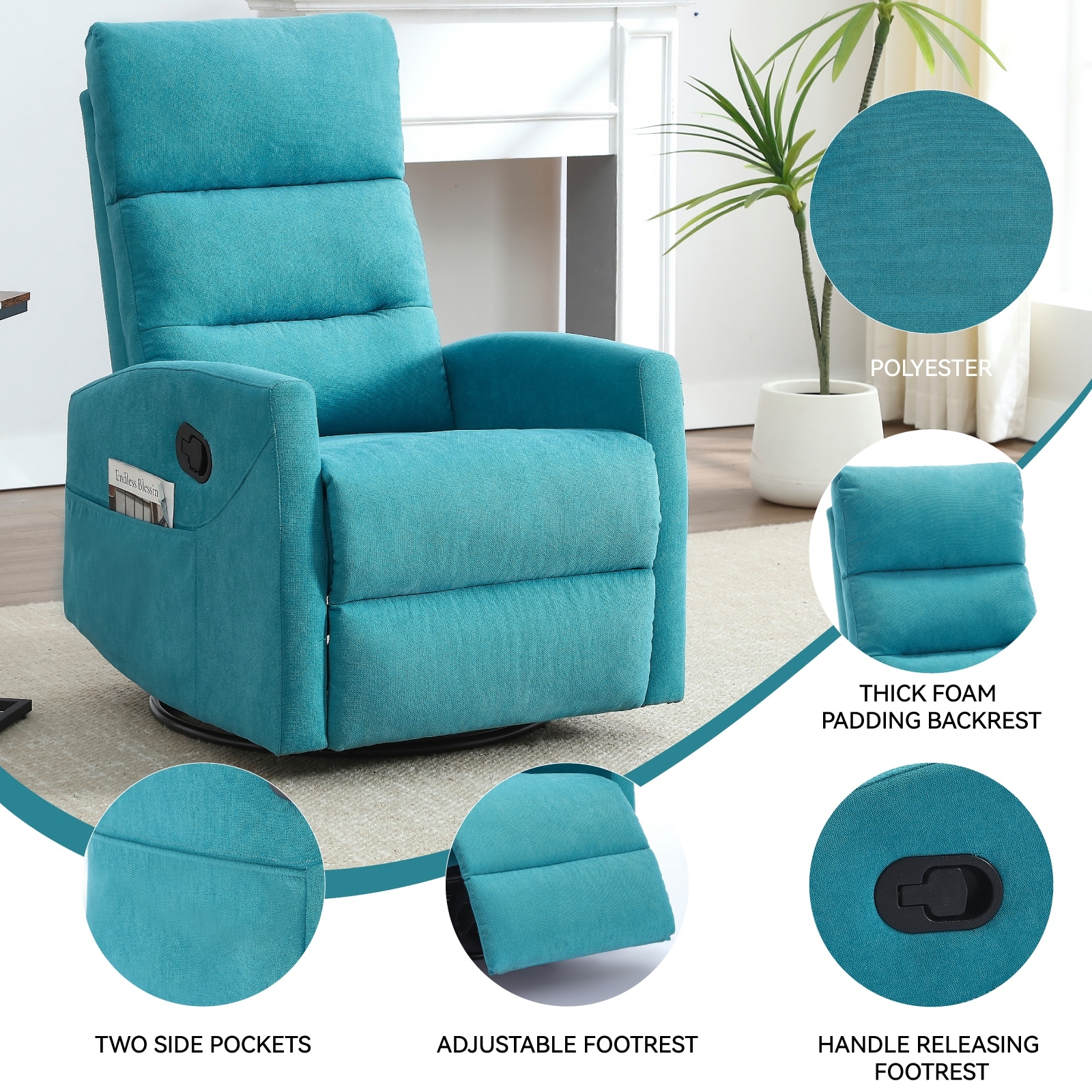 Swivel Rocking Chair Recliner with Pocket, Ergonomic Single Lounge Sofa, Manual Reclining Chair with Adjustable Backrest