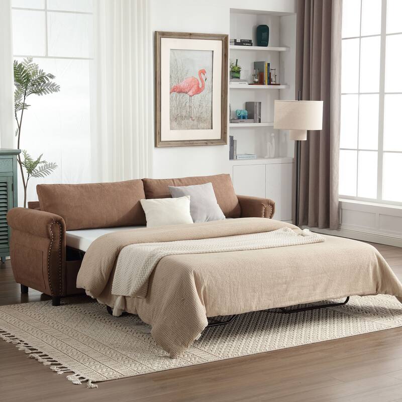 63″ Polyester 3-Seater Sleeper Sofa with Pull-Out Mattress & Retro Rivet Arms