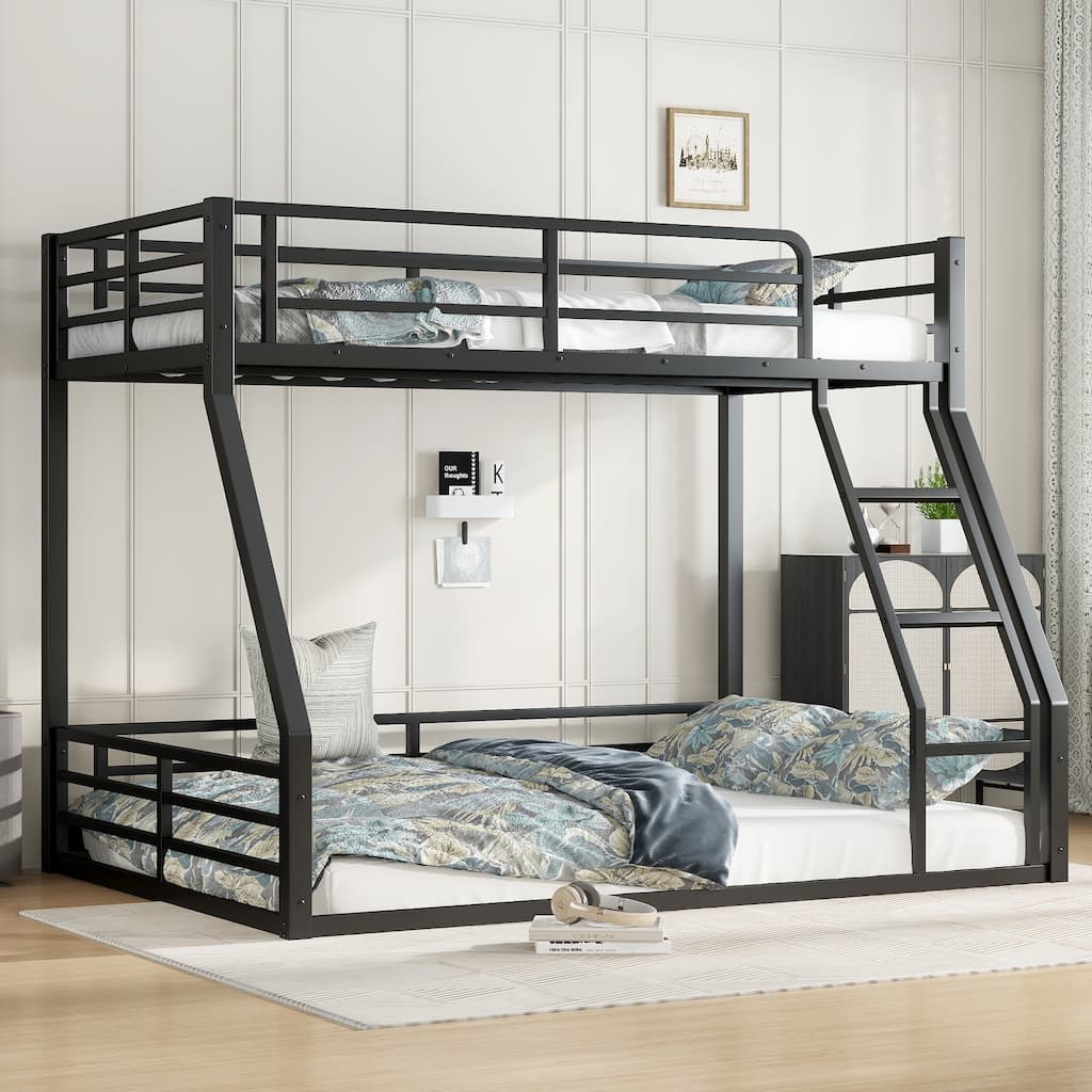 Metal Bunk Bed, Twin XL over Queen Floor Bunk Bed Frame, Heavy-Duty Bunk Bed for Kids, Teens, Adults, Noise-reduced Design