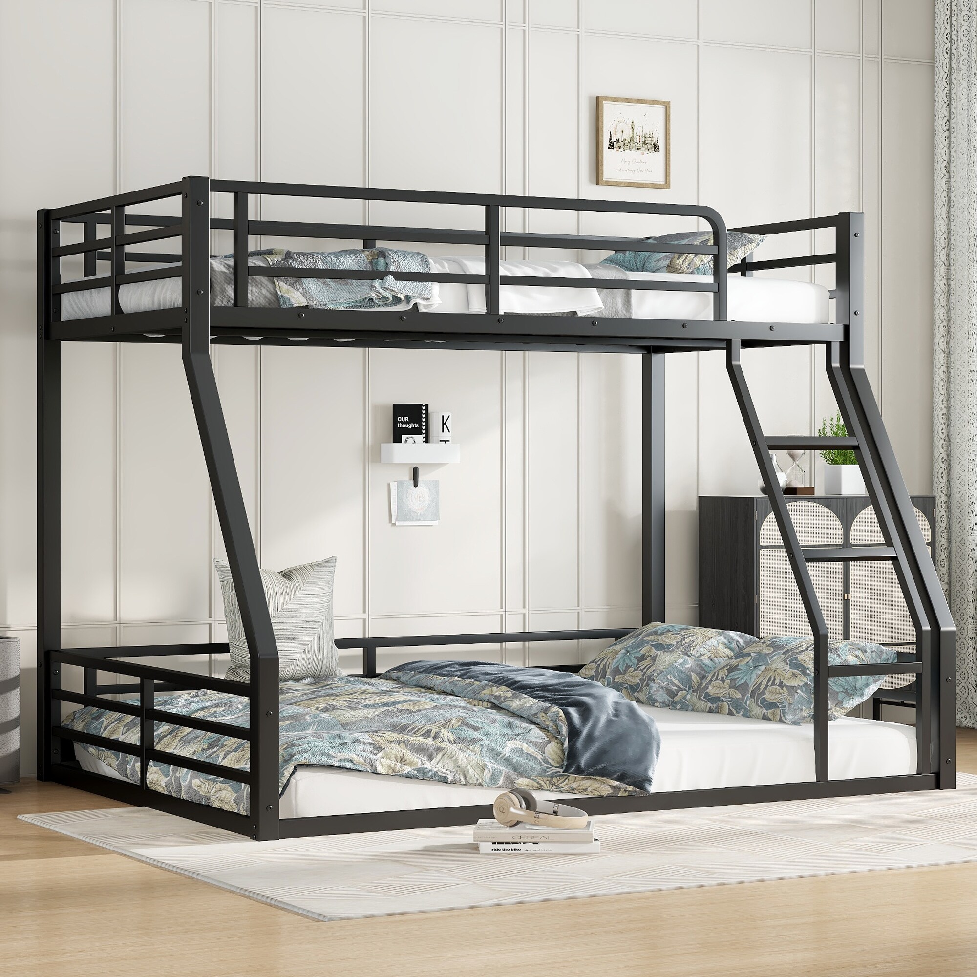 Metal Bunk Bed, Twin XL over Queen Floor Bunk Bed Frame, Heavy