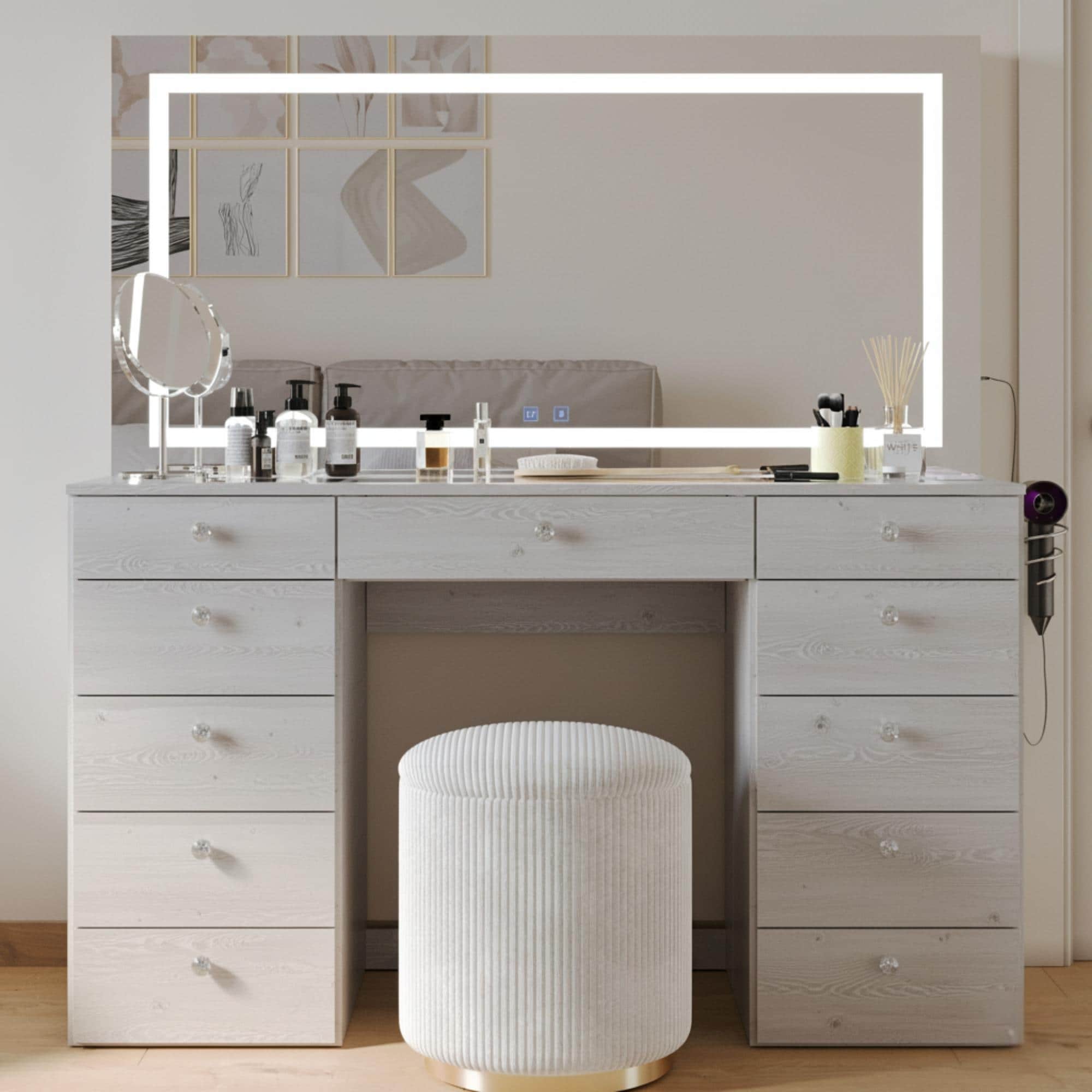 Extra-Large Vanity Desk with LED Mirror, Bluetooth Speakers, 11
