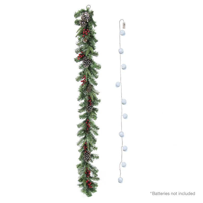 6ft Artificial Mixed Frosted Berry Pine Cone & Pine Christmas Garland with Woven Globe String Light Set - 72" L x 9" W x 6" DP