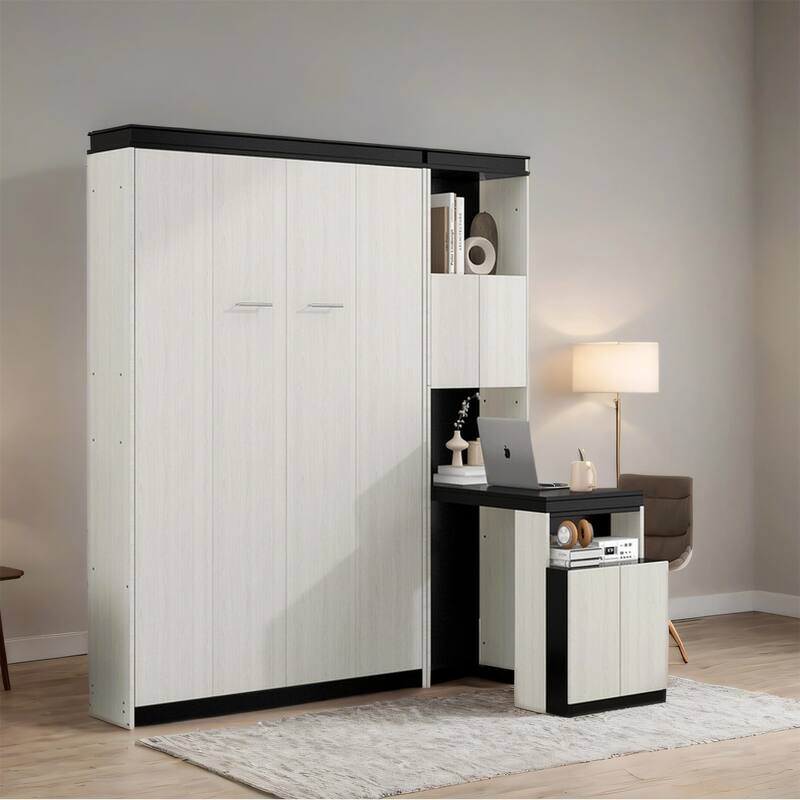 Full Size Wood Murphy Bed with Desk,Storage Shelves and Cabinets