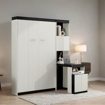 Full Size Wood Murphy Bed with Desk,Storage Shelves and Cabinets