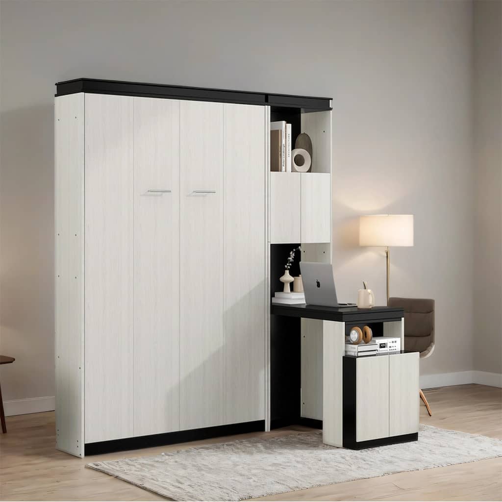 Full Size Wood Murphy Bed with Desk,Storage Shelves and Cabinets