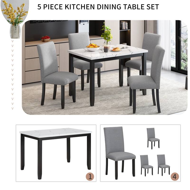 5 Piece Dining Table Set, Wooden Kitchen Dining Table Set with Faux Marble Dining Table and 4 Thicken Cushion Dining Chairs