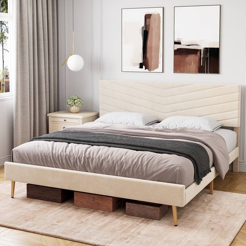 Upholstered Platform Bed Frame with Adjustable Headboard - Beige - King
