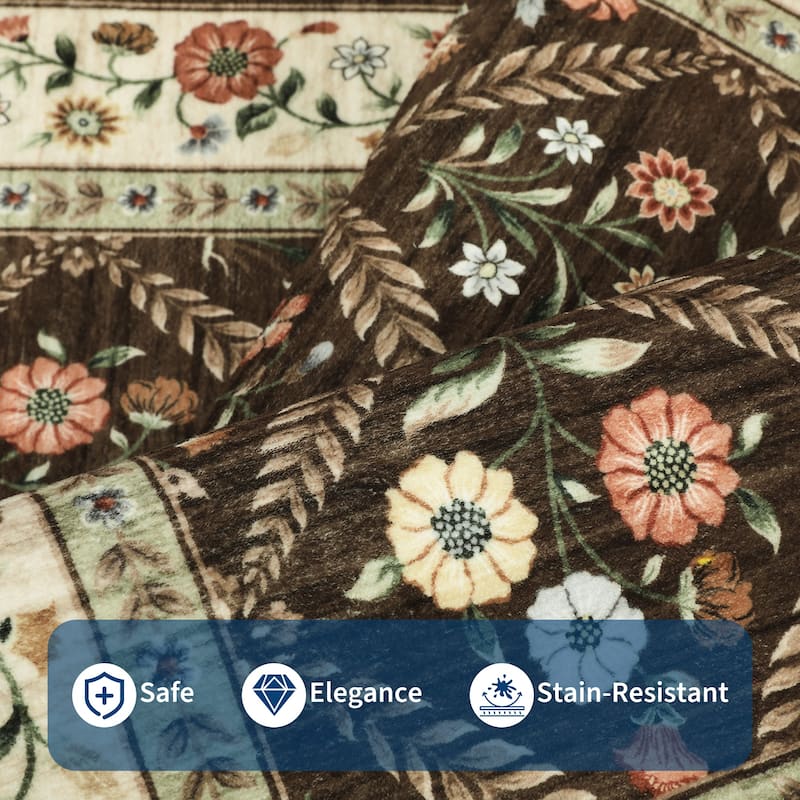 Floral Area Rugs for Living Room Bedroom Soft Farmhouse Washable Rug Non-Slip Low Pile Accent Carpet