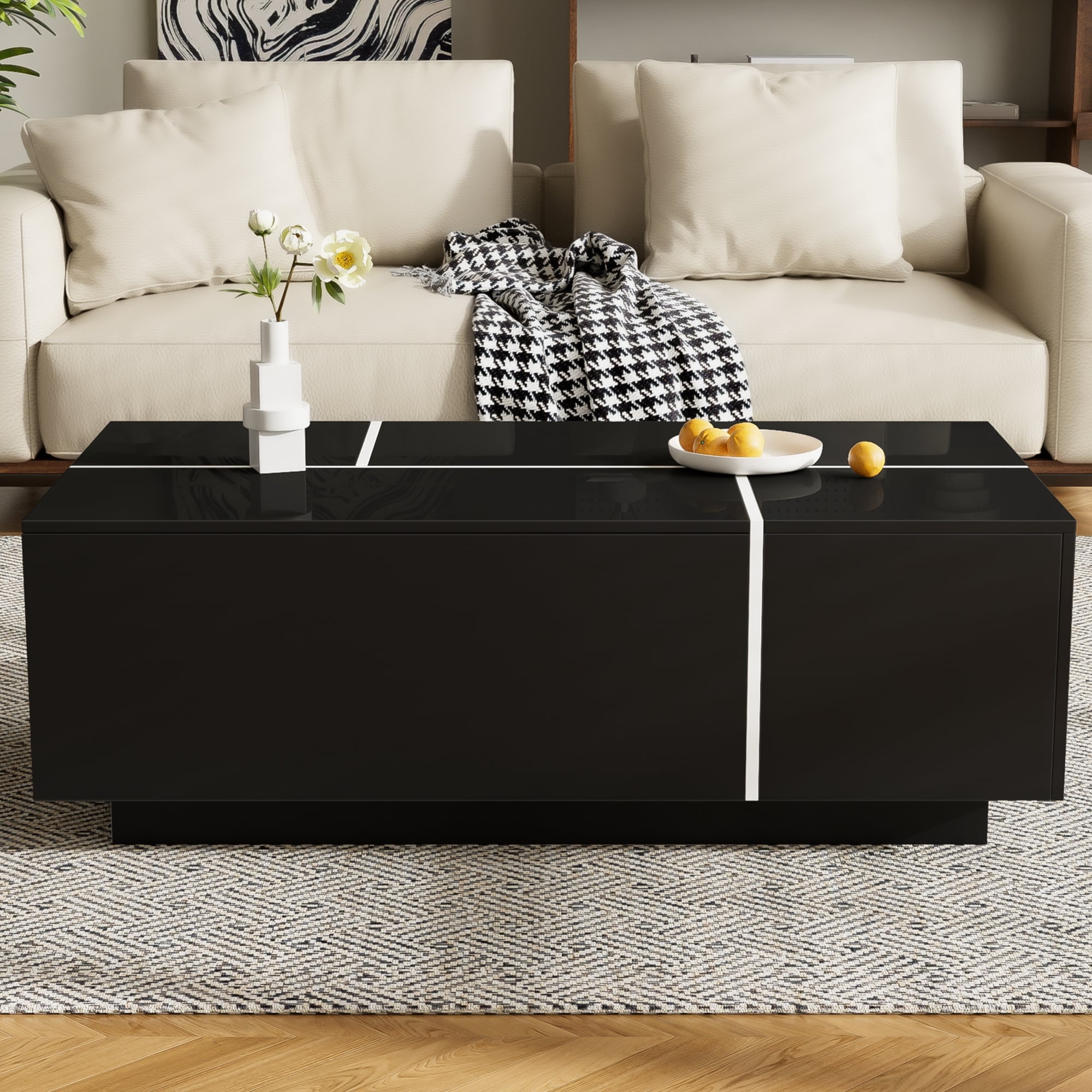 47.2''-72.7'' Extendable Coffee Table, Multi-Functional Coffee Table with High-Gloss Finish, Coffee Table with 2 Hidden Storage