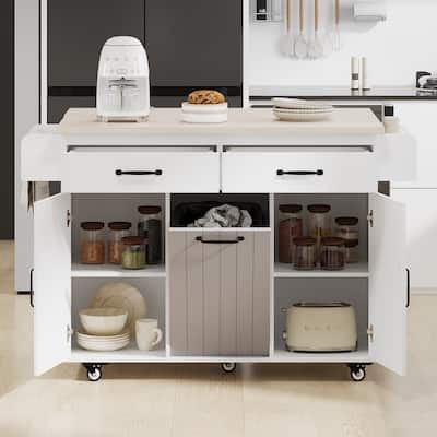 Kitchen Island w/ Trash Can Storage Cabinet, Rolling Kitchen Cart w/Drop Leaf, Spice Rack, Towel Rack, Drawer & Adjustable Shelf