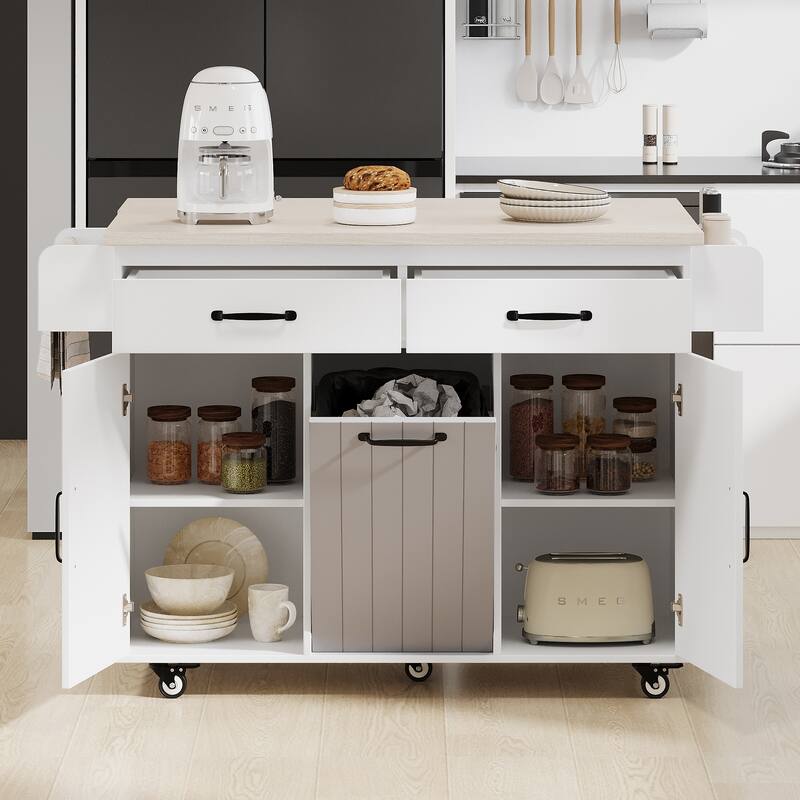 Roomfitters Kitchen Island with Trash Can Storage Cabinet, Drop Leaf, Spice Rack, Rolling Island on Wheels