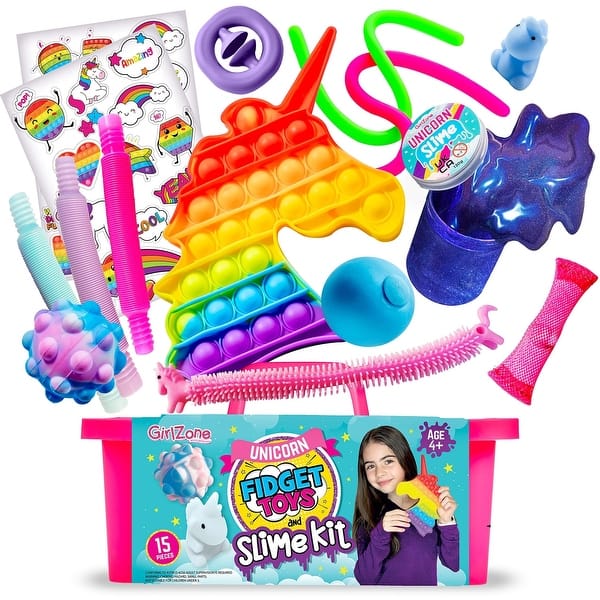 slide 2 of 5, GirlZone Unicorn Fidget Slime Surprise Kit for Girls, Slime, Pop It & Stress Ball, Sensory Fidget Toy Set