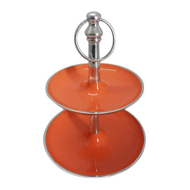 Lio 12 Inch 2 Tier Serving Tray, Orange Round Plate, Silver Aluminum Finish